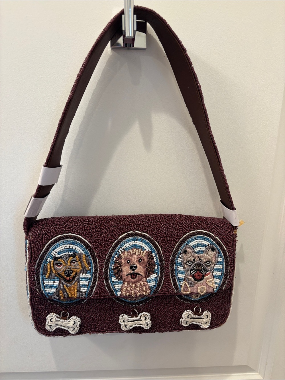 NWT Made in India Beaded Dog Portrait shoulder Bag in Dark Brown